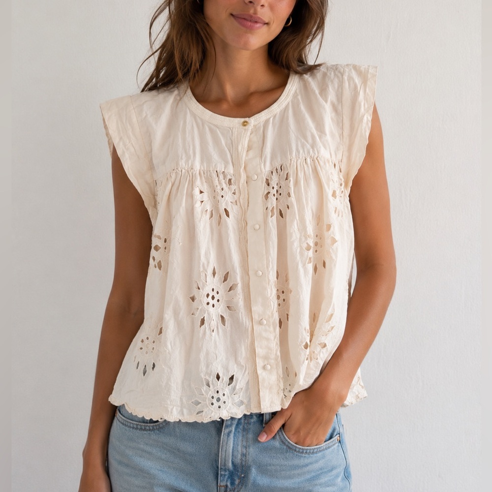 Calypso St. Barth Ivory Eyelet Blouse Size XL Boho Embroidered Cotton Top